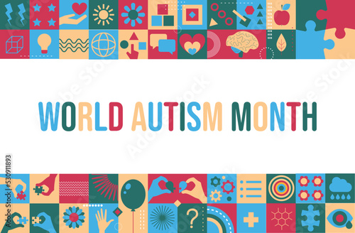 World autism awareness day, month. Colorful puzzles and another symbols vector background. Symbols of autism. Medical flat illustration. Health care