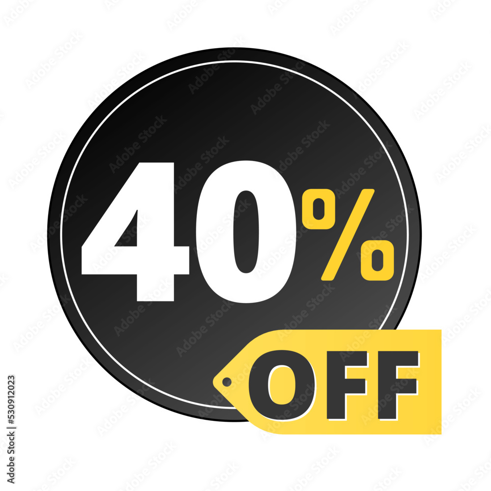 40% off limited special offer. Discount banner in black and yellow circular balloon. Forty 40% off limited special offer. Discount banner in black and yellow circular balloon. Forty