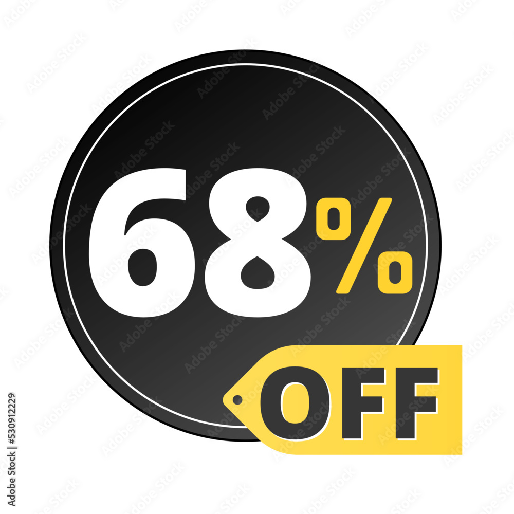 68% off limited special offer. Discount banner in black and yellow circular balloon. Sixty-eight 68% off limited special offer. Discount banner in black and yellow circular balloon. Sixty-eight