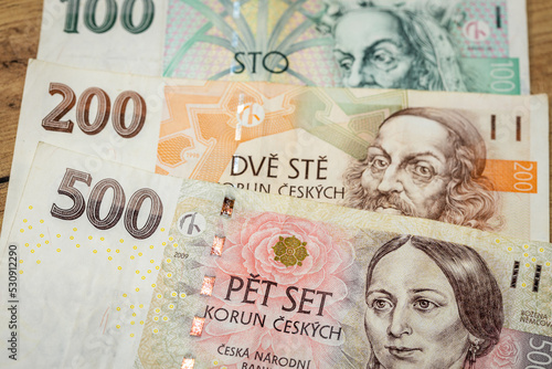 Czech money, 500, 200 and 100 Czech korun banknotes, Financial concept