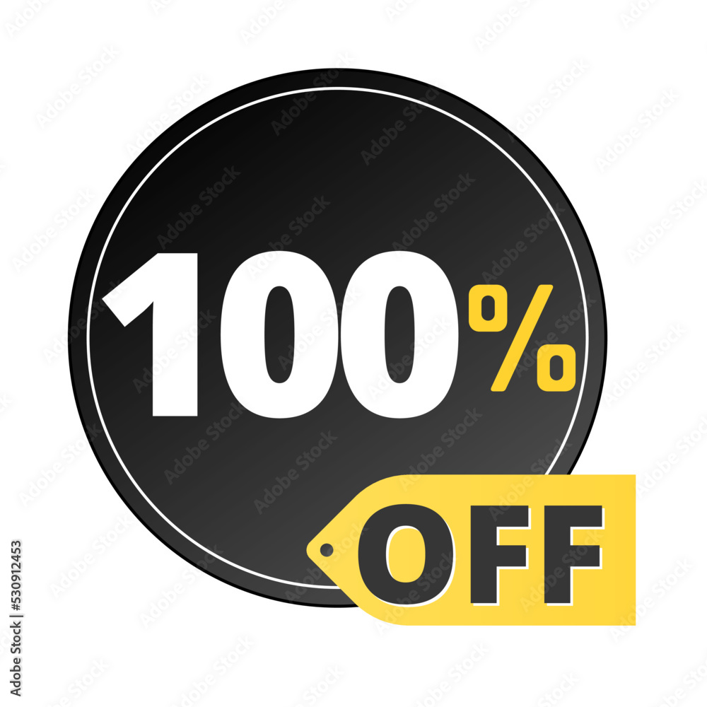 100% off limited special offer. Discount banner in black and yellow circular balloon. Hundred 100% off limited special offer. Discount banner in black and yellow circular balloon. Hundred