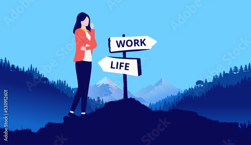 Woman work life choice - Female person standing by crossroad signpost trying to choose between working and living life. Flat design vector illustration