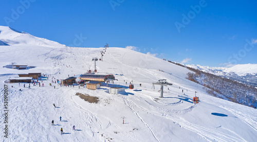 Cableway station in the snowy mountains of Arkhyz resort in Russia