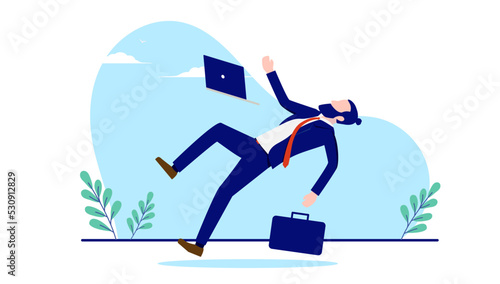 Businessman falling - Unlucky man stumbling and fall with computer and briefcase. Failure and misfortune concept. Flat design vector illustration with white background