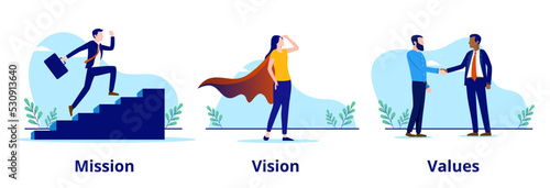 Mission vision values vector collection - Three business strategy illustrations of businesspeople, running up stairs, scouting and shaking hands. Flat design illustration with white background
