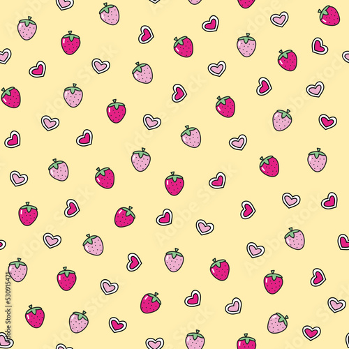 cute vector pattern strawberry, small strawberry on yellow background