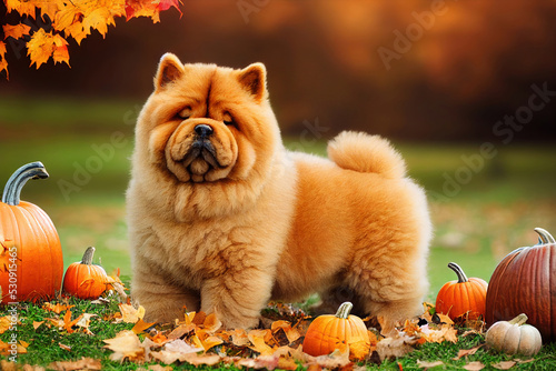 Chow puppy with pumpkins in autumn photo