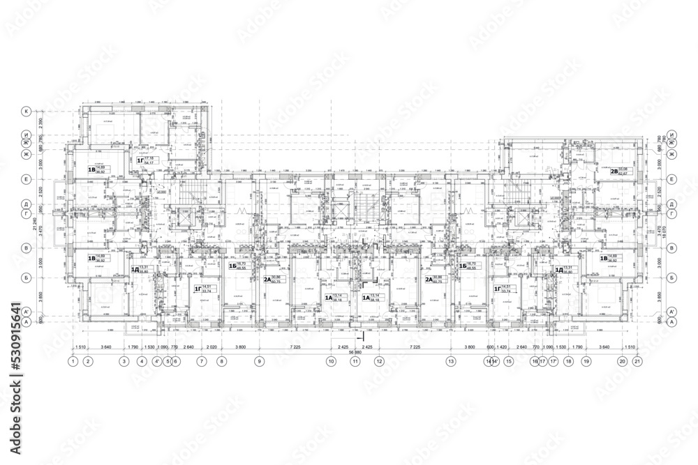 Fototapeta premium Multistory building detailed architectural technical drawing, vector blueprint floorplan layout