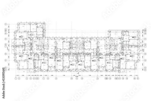 Multistory building detailed architectural technical drawing, vector blueprint floorplan layout