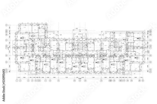 Multistory building detailed architectural technical drawing, vector blueprint floorplan layout