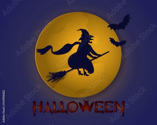 Halloween night background image with witch and bats on full moon background. Vector elements for a banner, greeting card, poster in honor of Halloween.