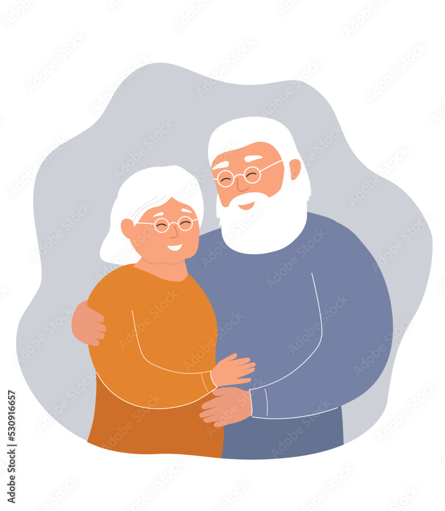 Happy old couple. Cartoon older grandparents hugging together on a white background. The concept of relationships, love, family. Vector illustration.