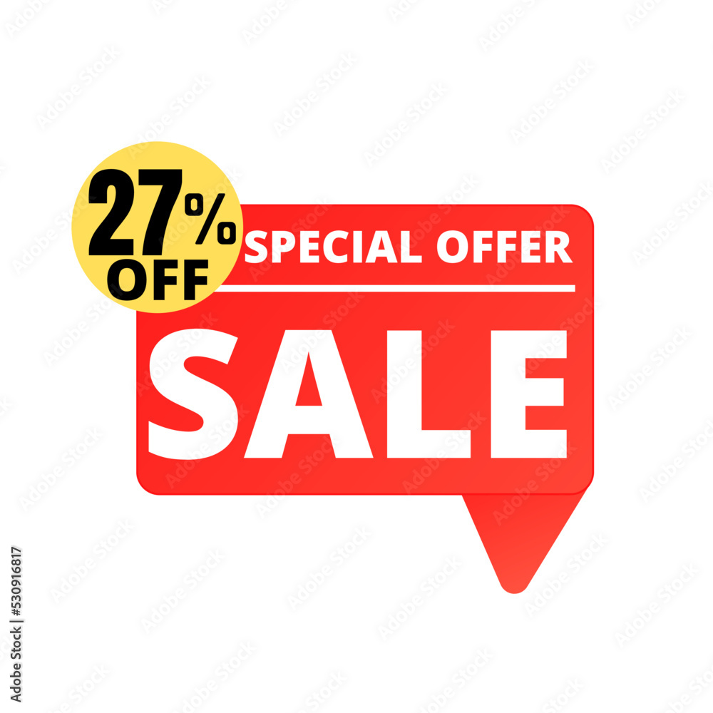27% Off. Red Sale Tag Speech Bubble Set. special discount offer, Twenty-seven