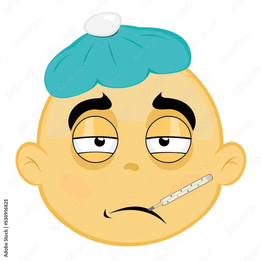Vector illustration of the face of a sick emoji, with a thermometer in