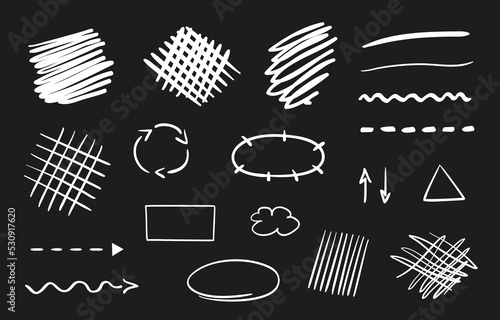 Hand drawn white simple elements on black. Hatch objects on a school blackboard. Abstract art hatchings in a drawing class. Freehand art