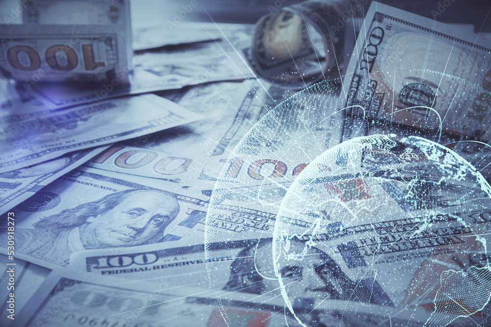 Multi exposure of social network drawing over us dollars bill background. Concept of people connection. Multi exposure of social network drawing over us dollars bill background. Concept of people connection.
