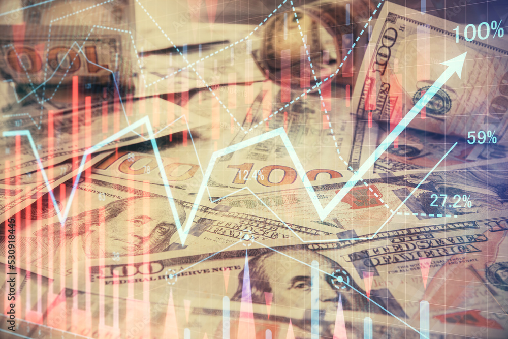 Multi exposure of forex chart drawing over us dollars bill background. Concept of financial success markets. Multi exposure of forex chart drawing over us dollars bill background. Concept of financial success markets.