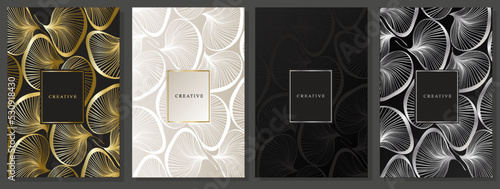 Luxury cover set with abstract petals. Elegant and metallic floral motif. Golden, platinum, silver flyer, brochure, vector template.