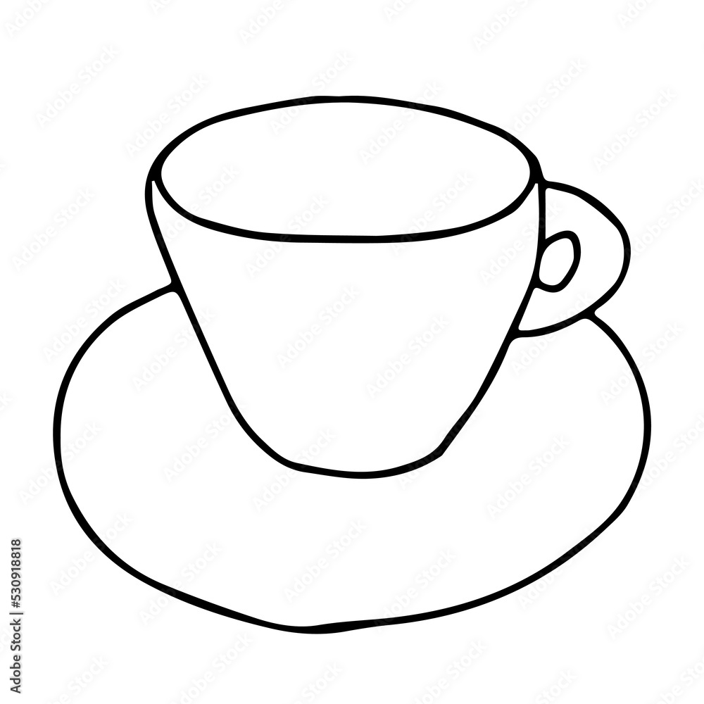 Black Hand drawing outline vector illustration of a empty cup for hot coffee or tea with a plate isolated on a white background Black Hand drawing outline vector illustration of a empty cup for hot coffee or tea with a plate isolated on a white background