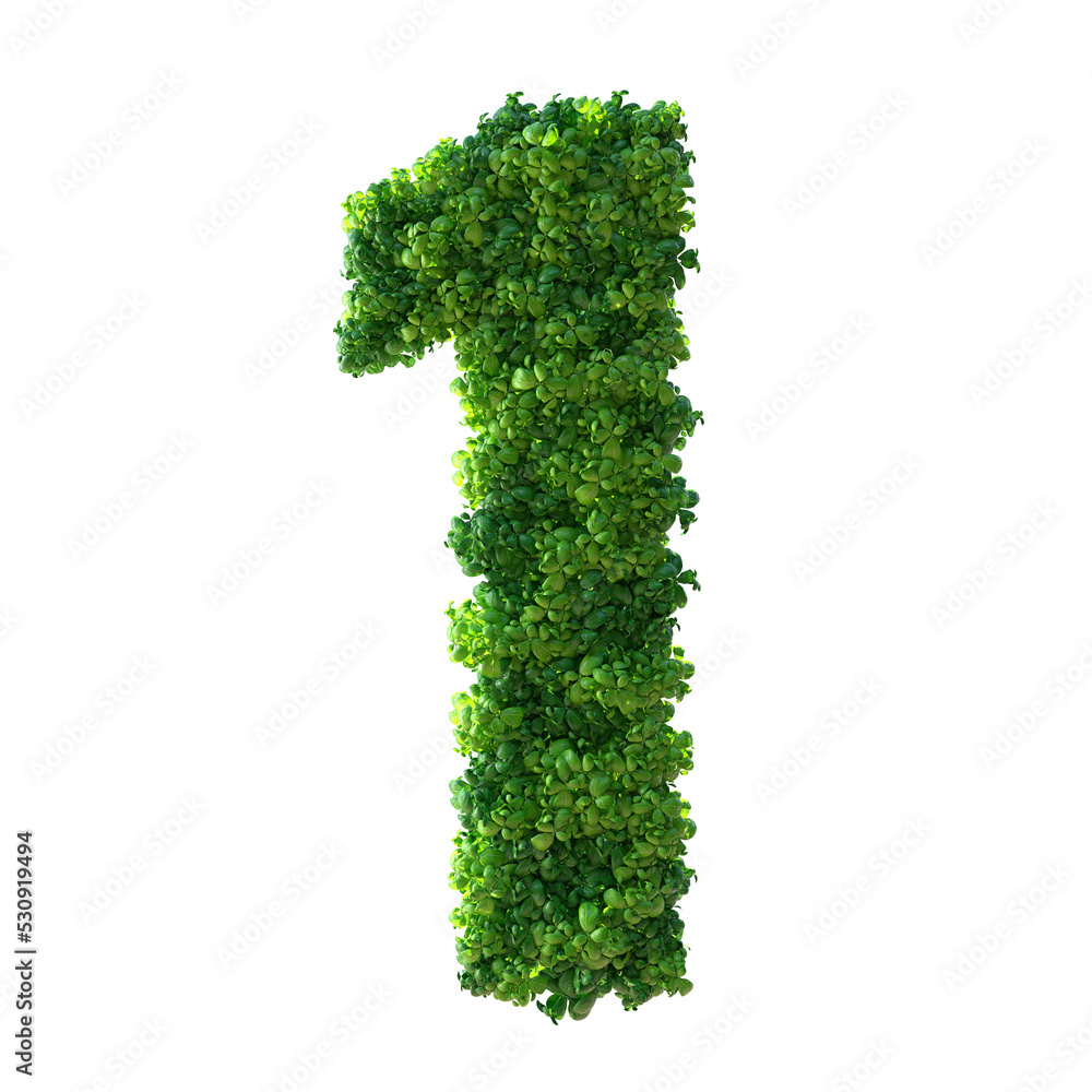 Number 1, Alphabet. Green plant number isolated with Clipping Path. 3d illustration. leaves, grass, moss, basil, mint. Number 1, Alphabet. Green plant number isolated with Clipping Path. 3d illustration. leaves, grass, moss, basil, mint.