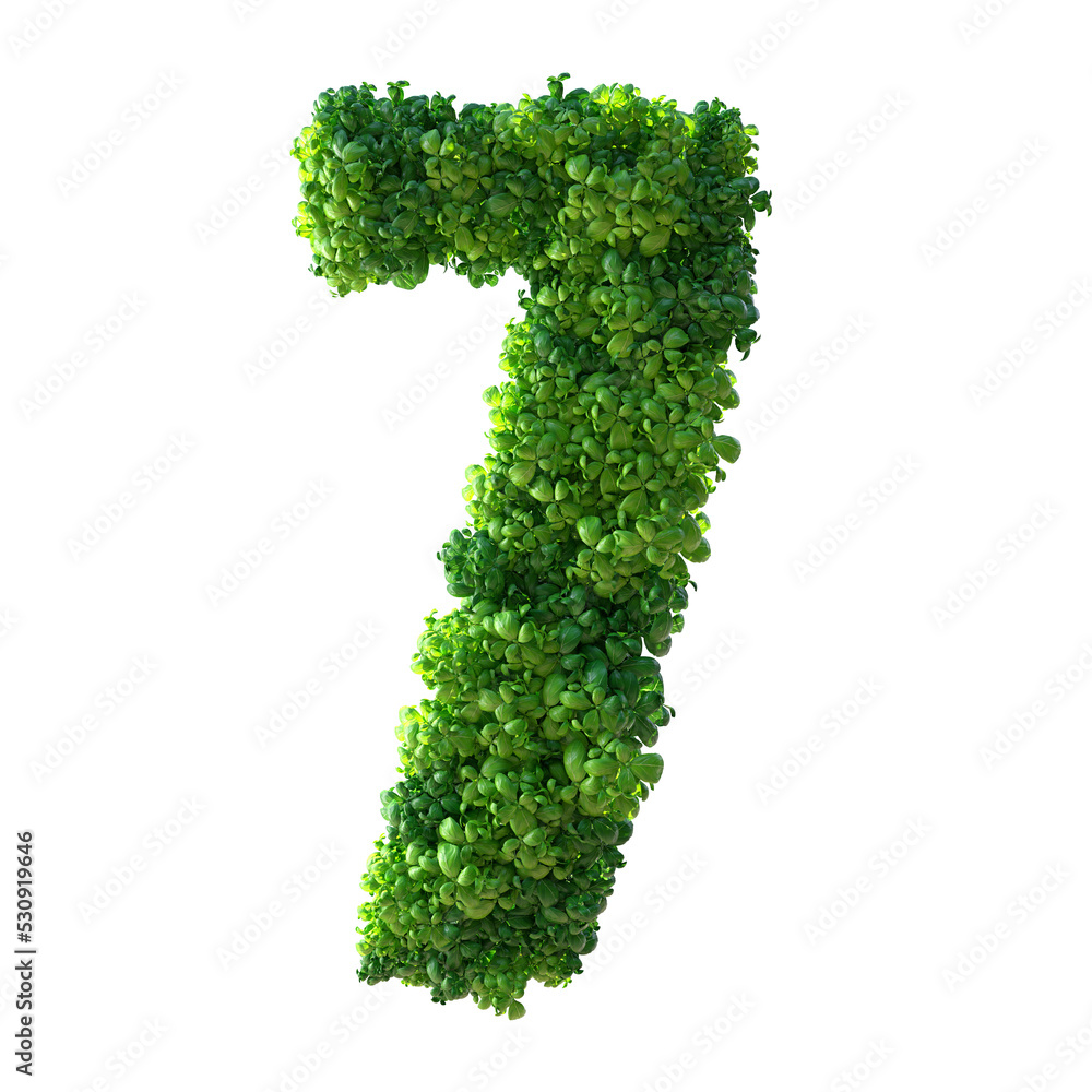 Number 7, Alphabet. Green plant number isolated with Clipping Path. 3d illustration. leaves, grass, moss, basil, mint. Number 7, Alphabet. Green plant number isolated with Clipping Path. 3d illustration. leaves, grass, moss, basil, mint.