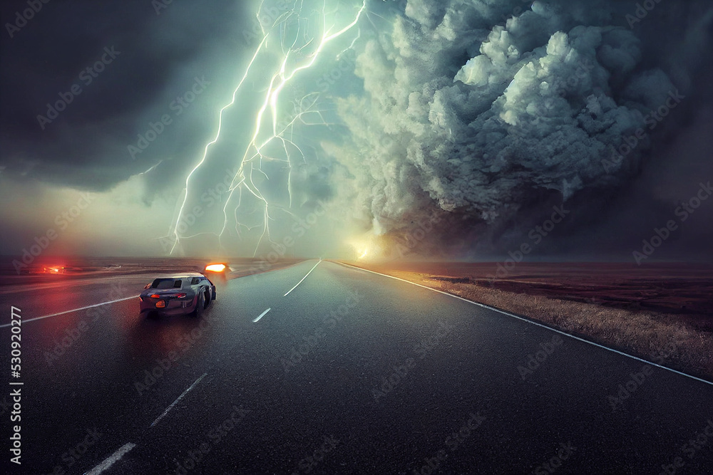 A Hurricane Tornado Or Typhoon Rages Down A City Street Destroying