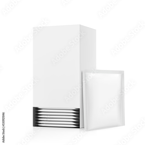 Realistic cardboard box with sachet mockup. Perspective view. Vector illustration isolated on white background. Ready for your design. EPS10.	