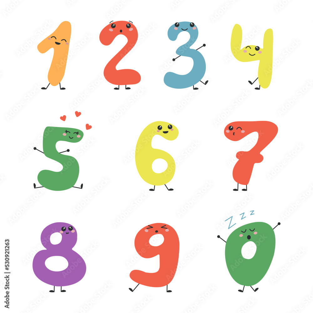 Hand Drawn Cute Numbers With Faces. Collection Of Cartoon Numbers 