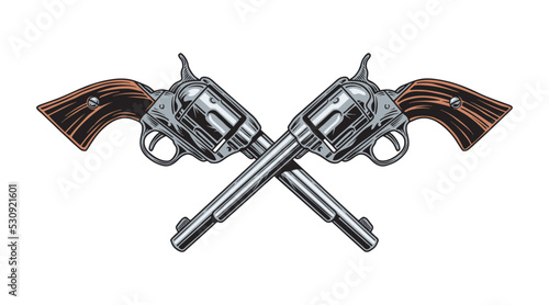 Pistol, crossed revolvers isolated on white background. Vintage gun or firearm vector illustration  photo