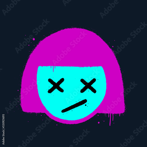 Vector illustration. Urban street graffiti with drop, spray. Zombie face with blue neon skin and dead eyes. Print for graphic tee, sweatshirt. Concept for Halloween avatar, social media. 1980s style.