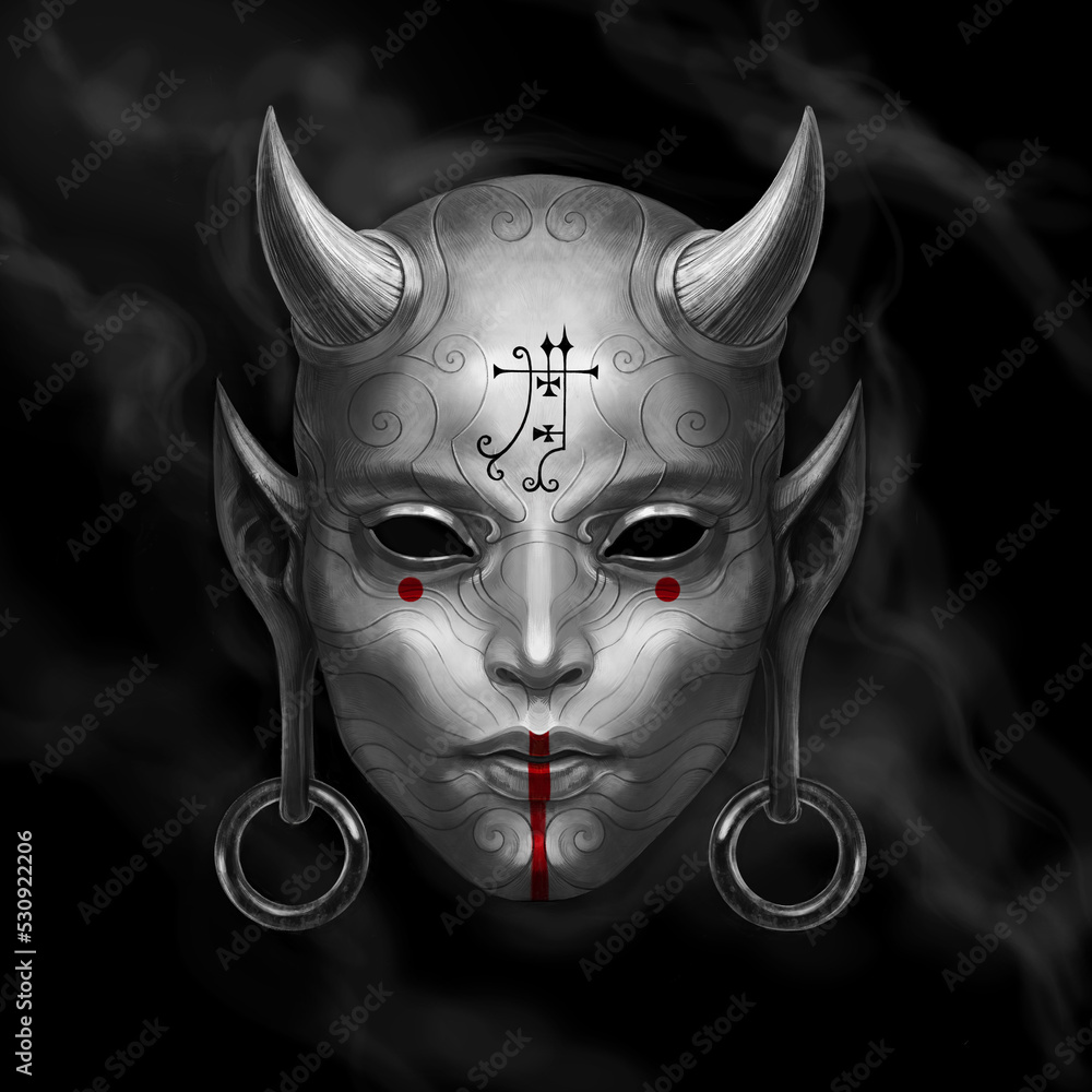 Mystical demon face. Mask of Hanya. Dark fantasy illustration Stock