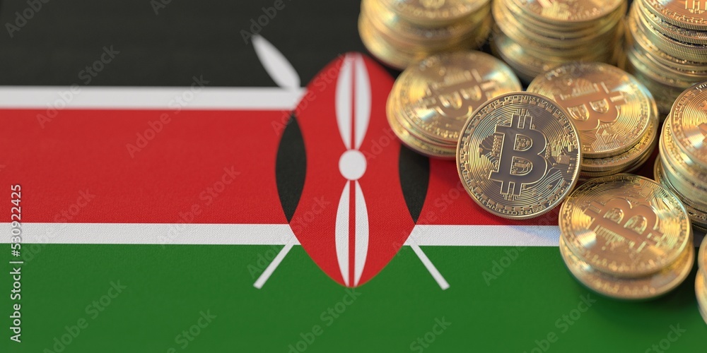 Flag of Kenya and many bitcoins. National cryptocurrency regulations concept, 3d rendering