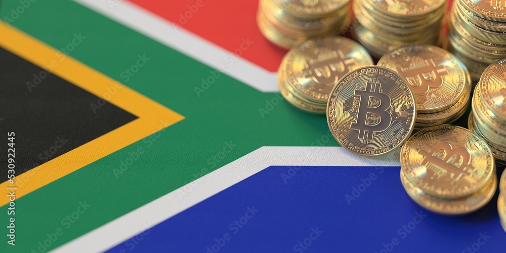 Pile of bitcoins and flag of South africa. National cryptocurrency regulations conceptual 3d rendering