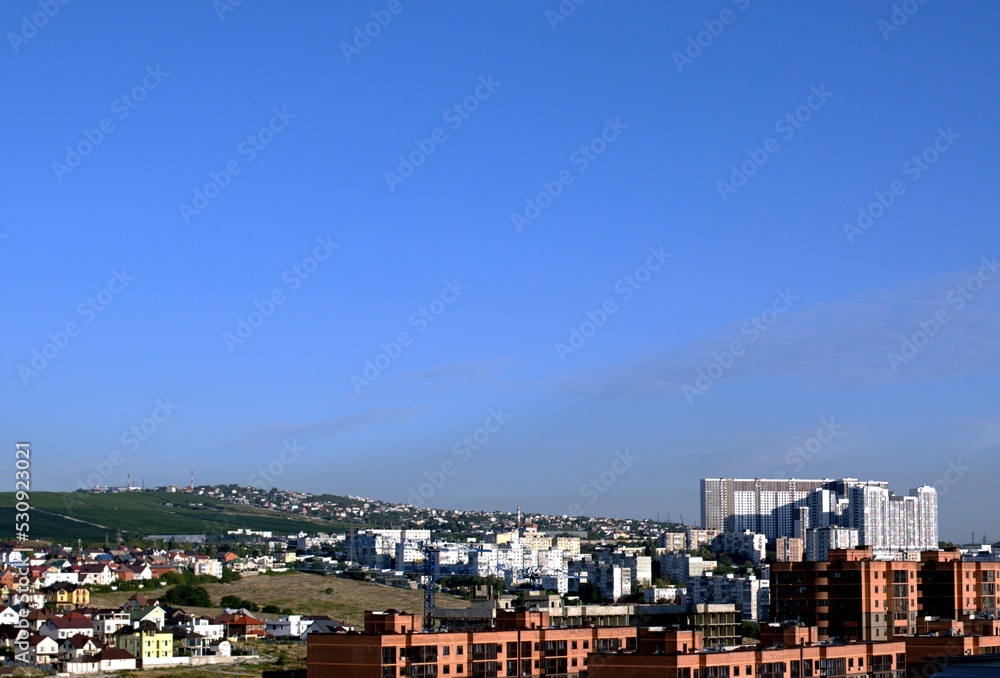 Morning, panoramic view of urban new buildings, banner, screensaver.