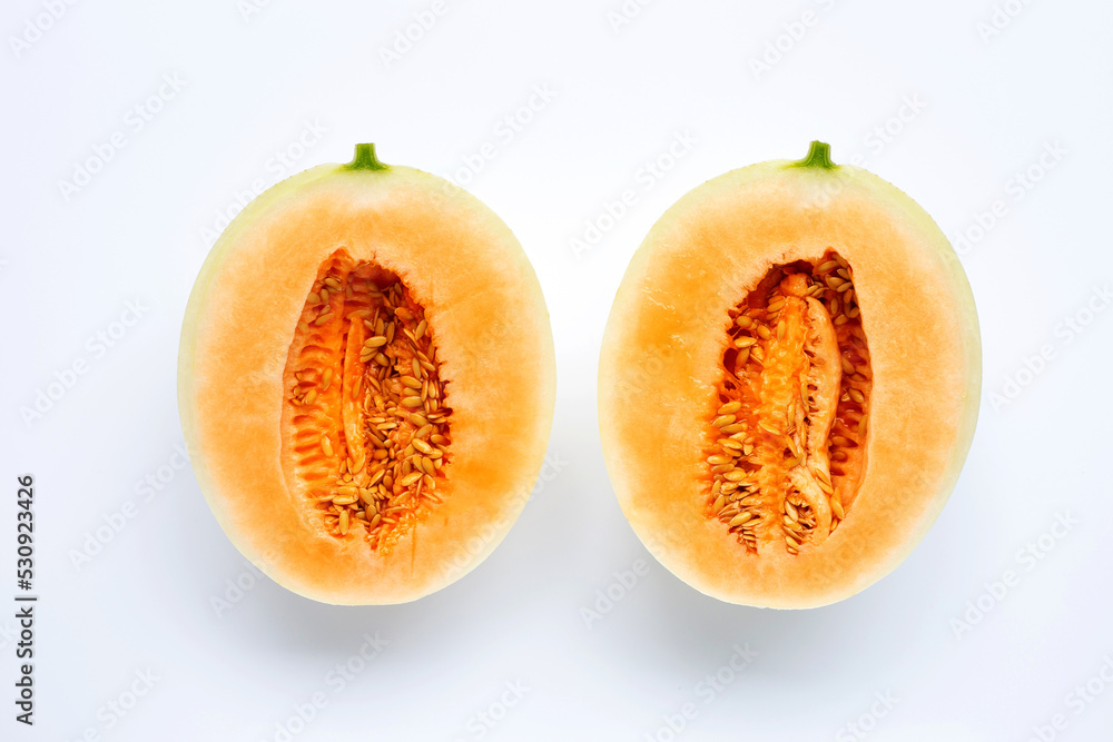 Cantaloupe melon in plate on white background. Cantaloupe melon in plate on white background.