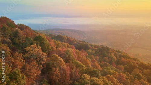 Descending arial drone shot of golden sunlight over Ozark mountain forest in Arkansas with lake view and colorful fall colored leaves wrapped in fog and hazy  photo