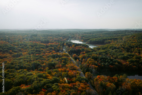 Drone view of fall foliage and water

 photo