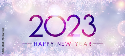 Banner with 2023 happy new year sign on sweaty grass with snowflakes.