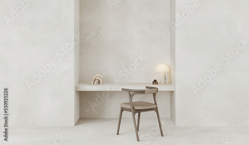 Home office or workplace in Balinese style with hanging table and wooden chair, plastered walls. Decorative sculptures and lamp on the table. Home mockup. 3d render