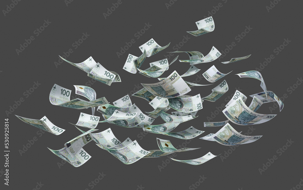 Money Floating Polish currency banknotes (PLN) floating in the air. Flying money ...