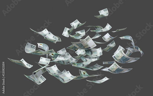 Polish currency banknotes (PLN) floating in the air. Flying money. Dynamic 3D illustration.