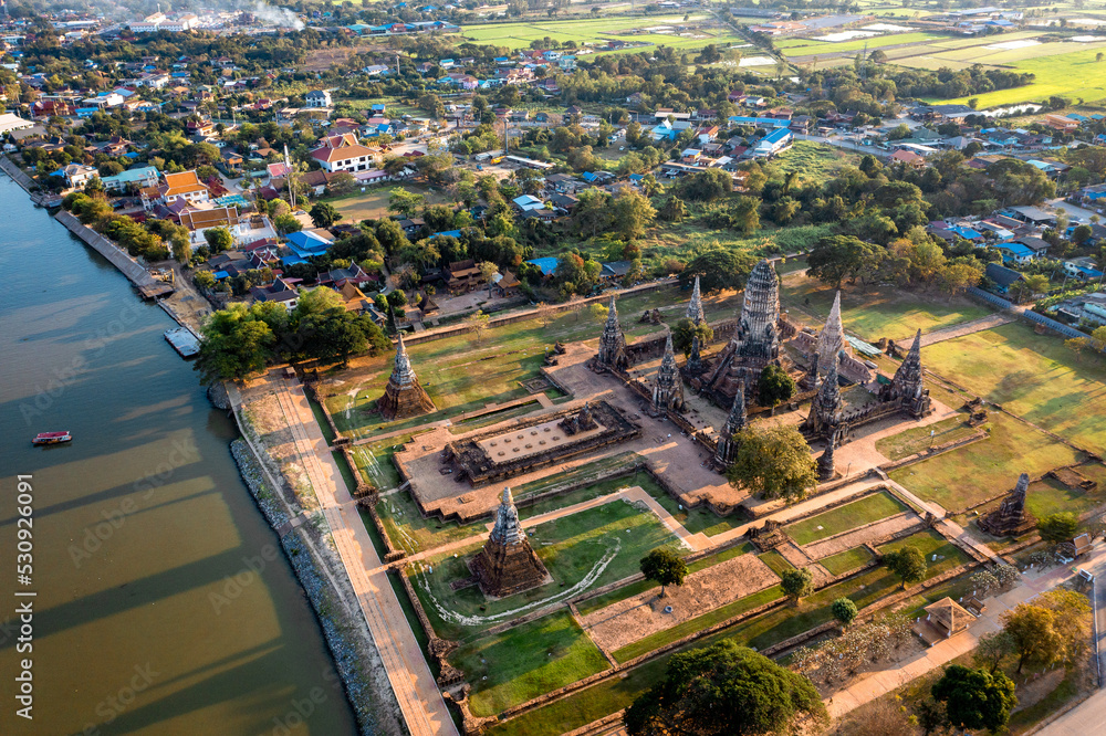 Aerial view of Wat Chaiwatthanaram ruin temple in Ayutthaya, Thailand