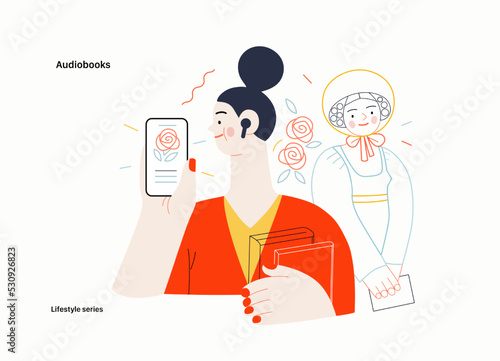 Lifestyle series - Audiobooks - modern flat vector illustration of a woman listening an audiobook with buds in the tablet application and a Victorian Era literary character. People activities concept