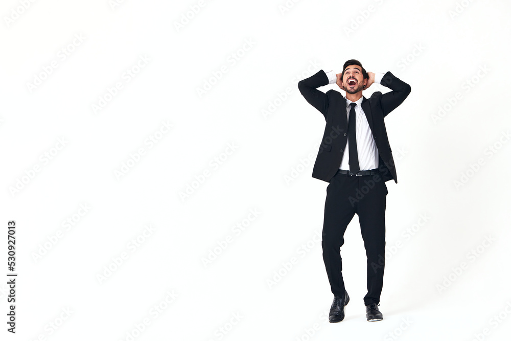 Man business smile with teeth in costume running and jumping up open mouth happiness and surprise full-length on white isolated background copy place Man business smile with teeth in costume running and jumping up open mouth happiness and surprise full-length on white isolated background copy place