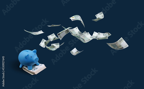 PLN 100 Polish zloty banknotes. Money floating above the piggy bank. Illustration. Top view.
