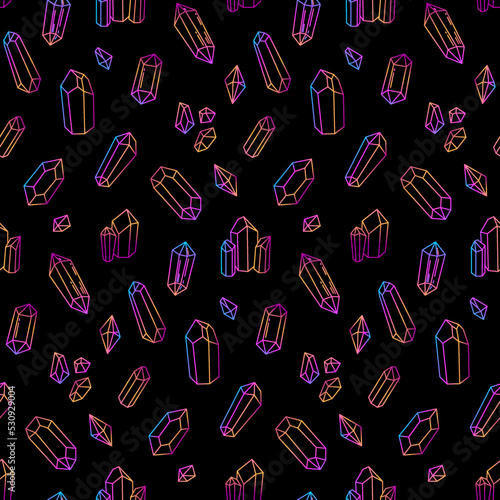 Seamless pattern dark colorful outline crystals, retro hippie style background. For vintage fabric, textile, wallpaper, wrapping paper