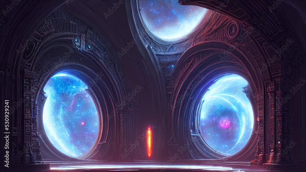 Fantasy galactic majestic portal, neon. An abstract passage, a door to an unreal world. Round stone arches. 3D illustration