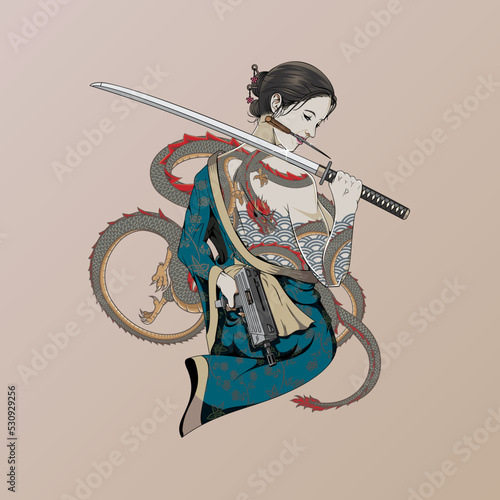 Yakuza girl pin up illustration with dragon tattoo katana sword and submachine gun for streetwear branding or Japanese urban culture poster