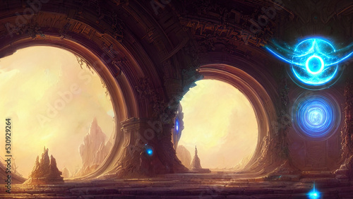 Fantasy galactic majestic portal, neon. An abstract passage, a door to an unreal world. Round stone arches. 3D illustration