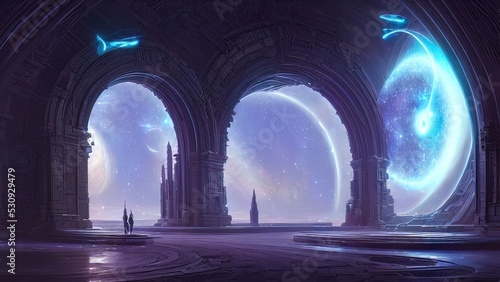 Fantasy galactic majestic portal  neon. An abstract passage  a door to an unreal world. Round stone arches. 3D illustration